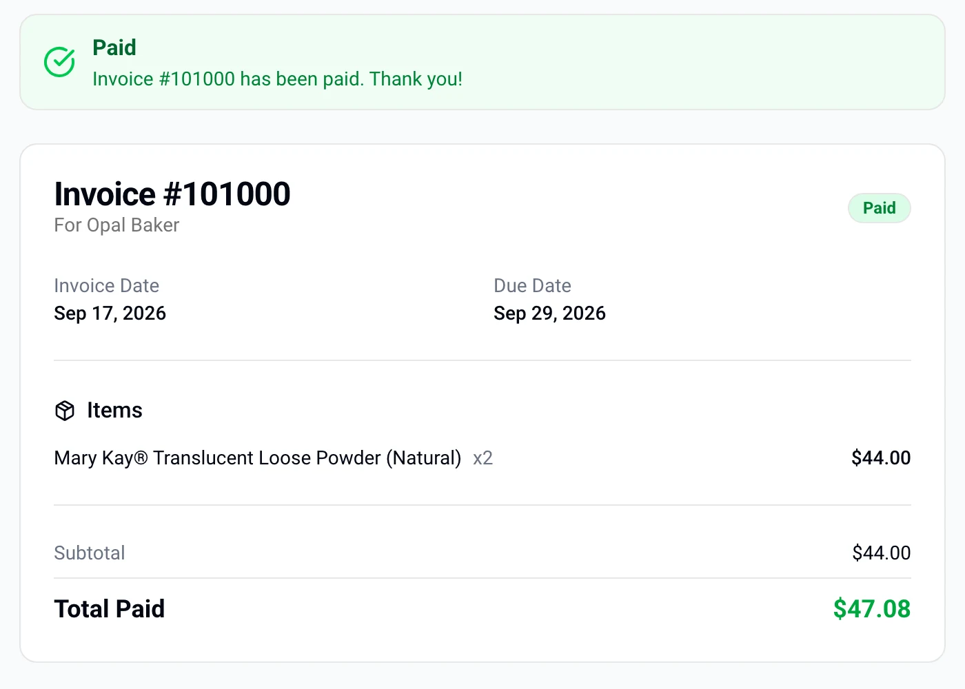 A customer's invoice page showing the invoice paid, with the total paid